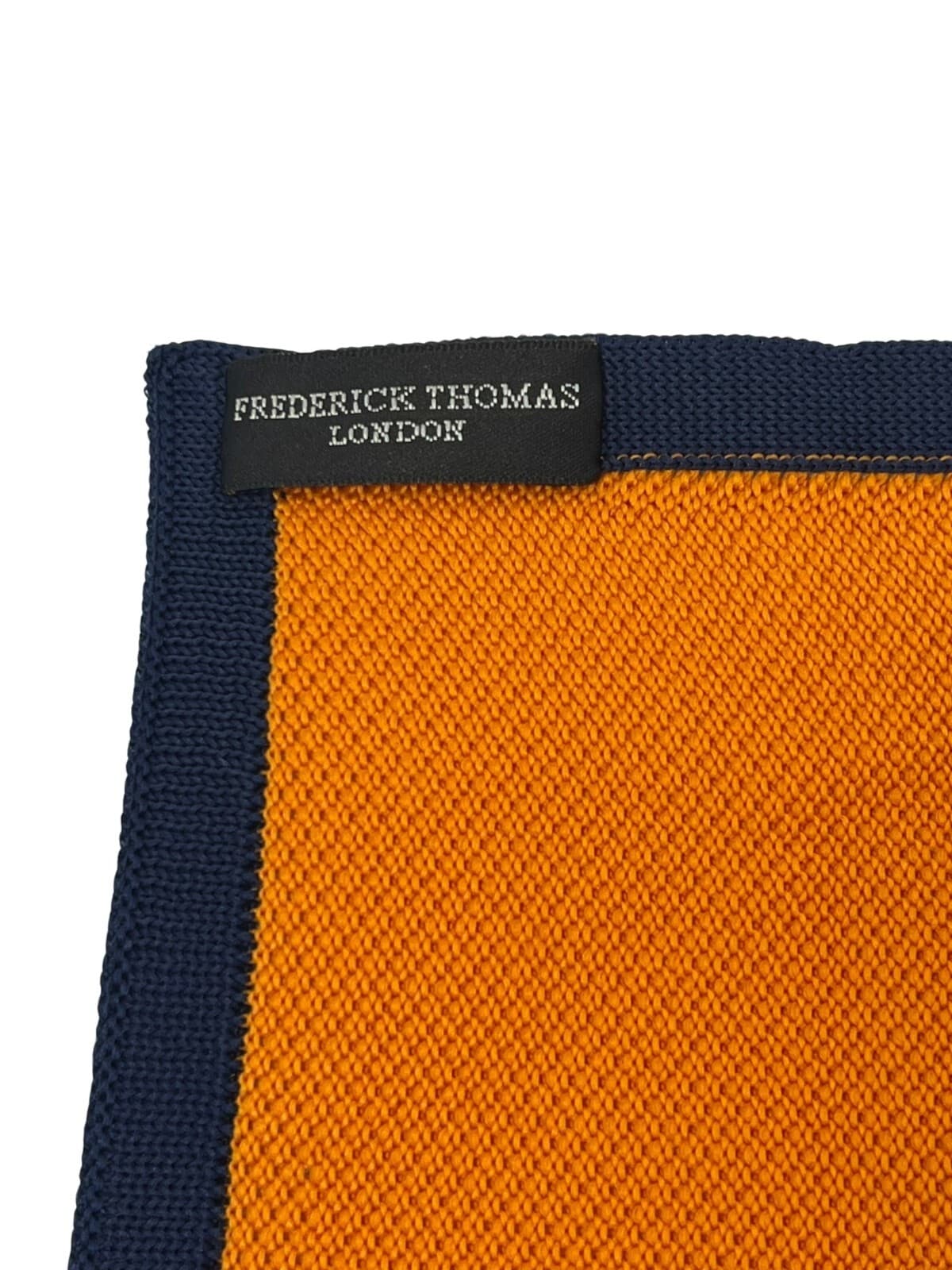 Frederick Thomas orange knitted pocket square with navy dark blue edging 3