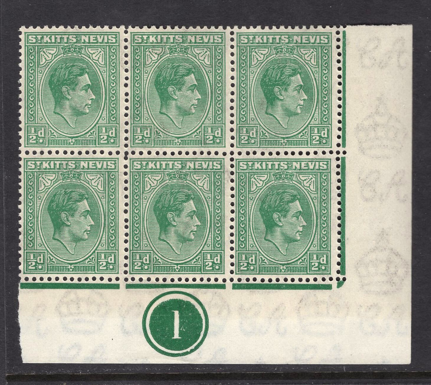 M26000 St. Kitts and Nevis 1938 SG68 KGVI ½d green corner PLATE (1) block of 6