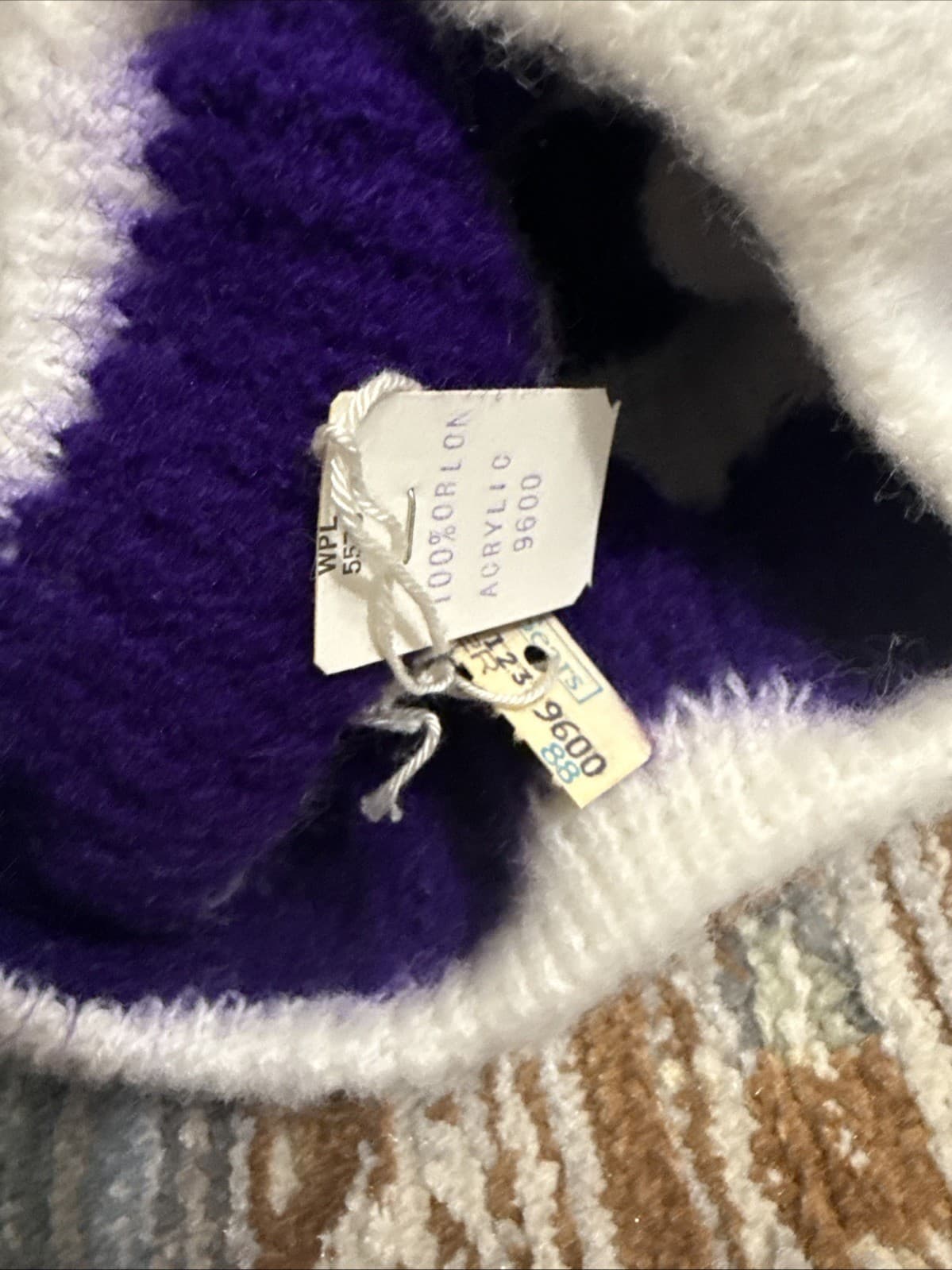 Vintage Sears Winter Scarf Beanie Set Purple White 62" L USA Tag Fringe Soft 5