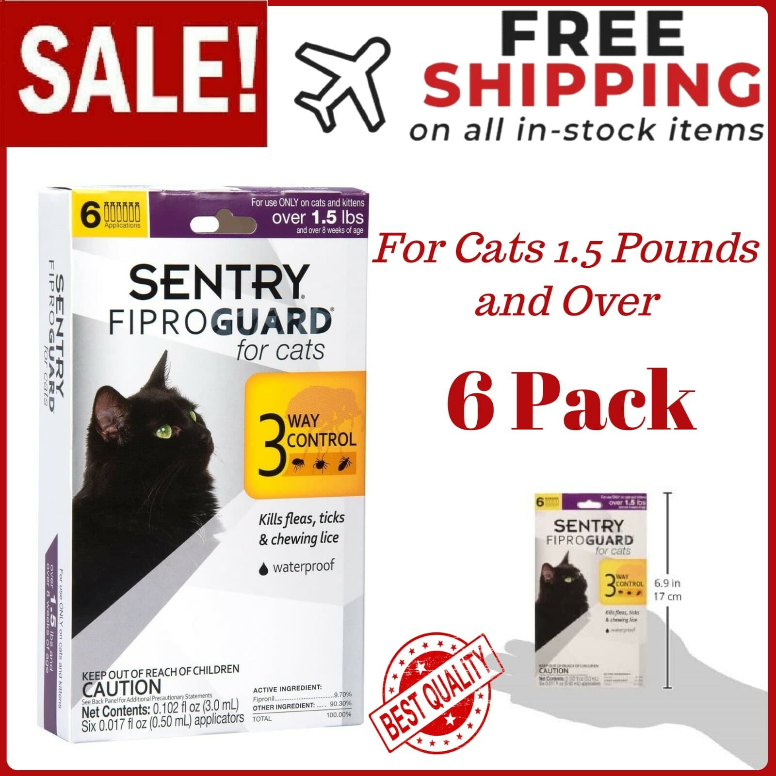 Sentry Fiproguard Flea and Tick Topical Drops for Cats 6 Doses Treatment Control