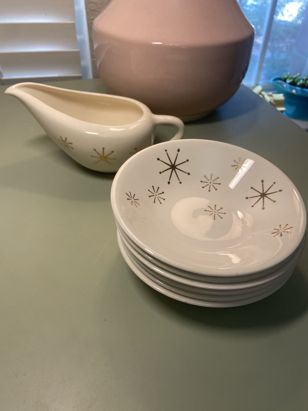 Vtg Scio Pottery Starlite Creamer And 6 Desert Bowls Gold Atomic Stars Snowflake
