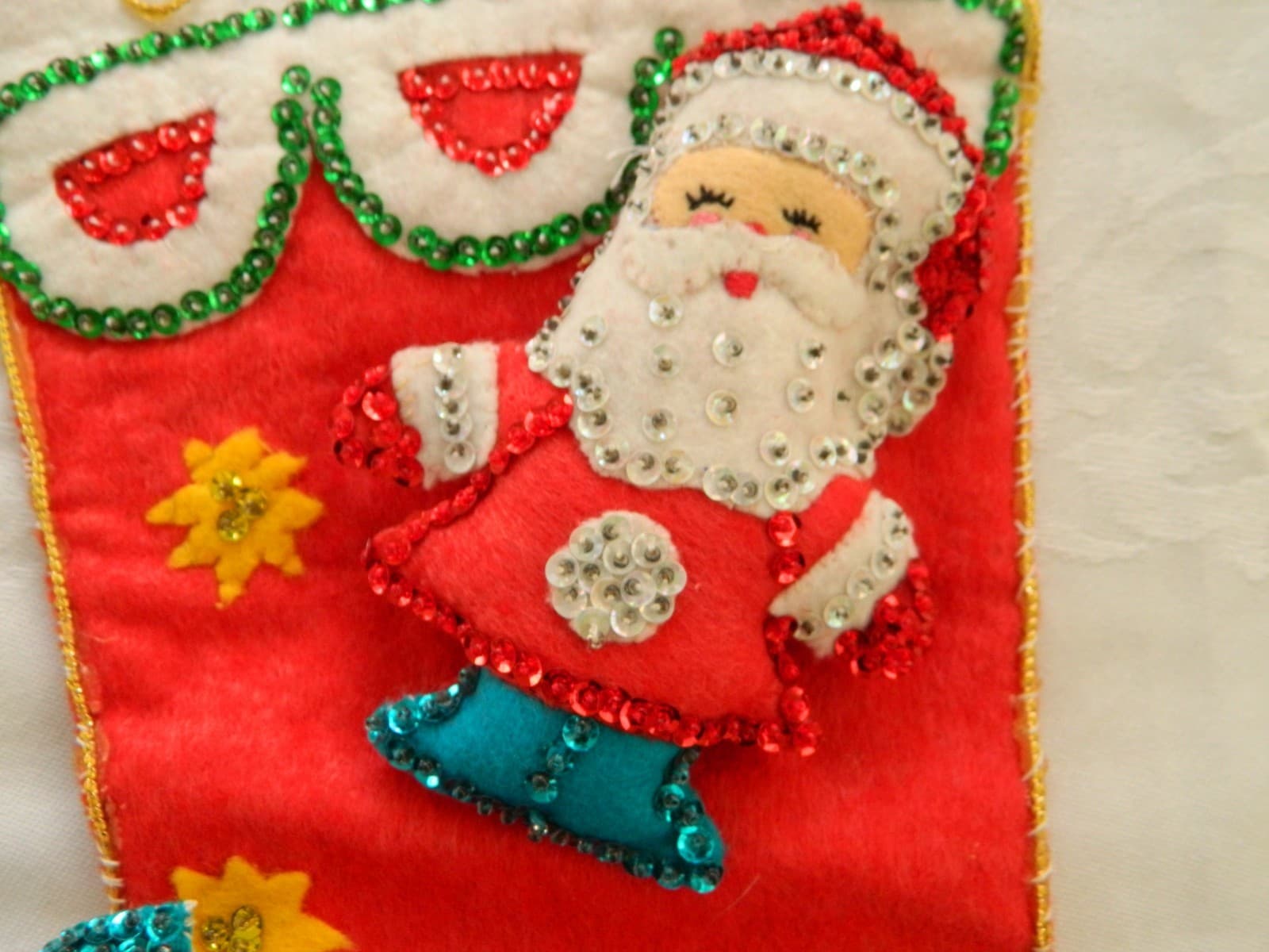 Bucilla Stocking Felt Appliqué Sequin Santa Snowman Finished Jeweled 3D Vintage 3