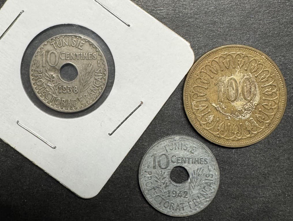 Tunisia Coin Lot Of 3 1938 1942 1996 10 100 Centimes World Coins Hole