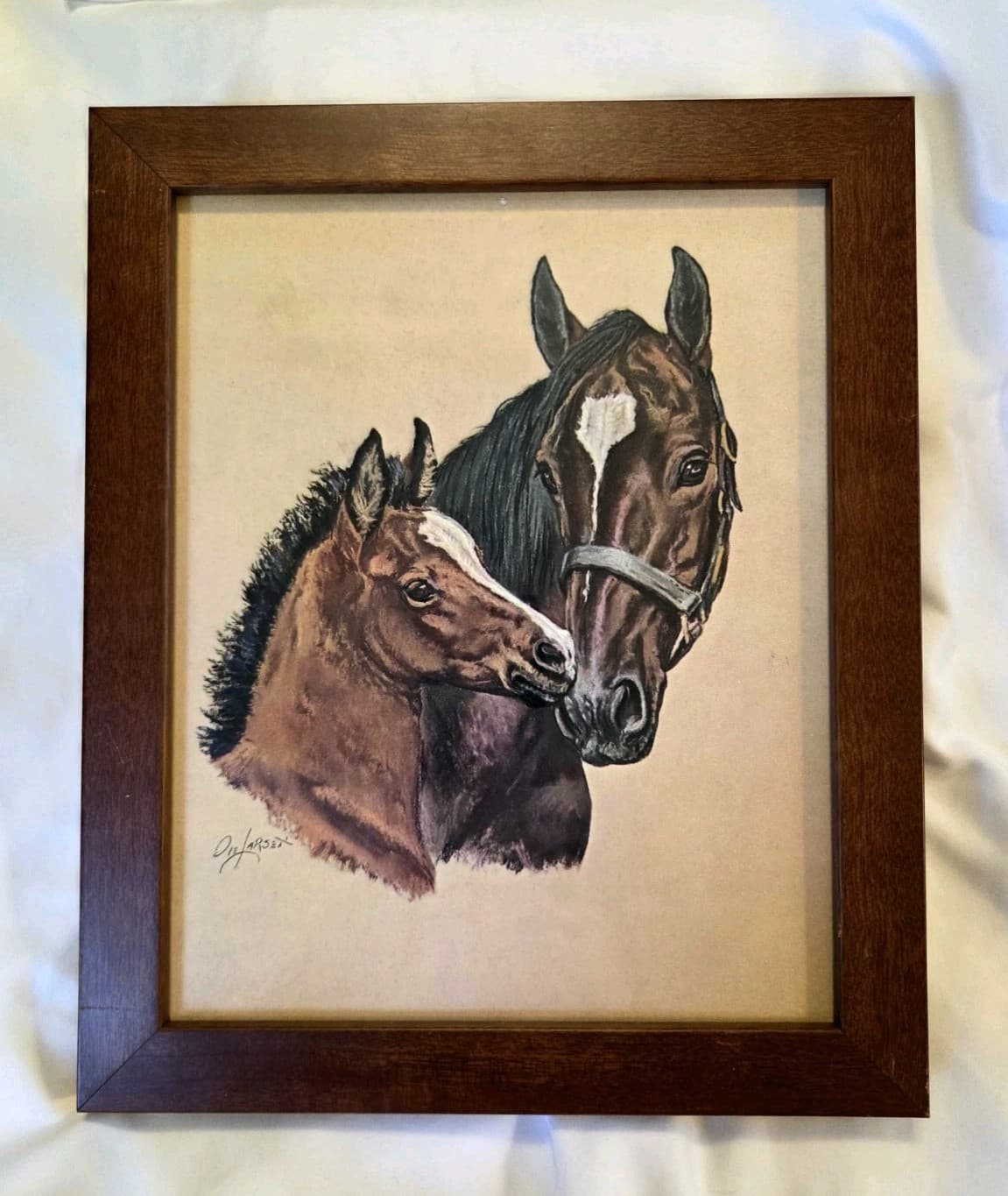 Horses Mare & Foal Ole Larsen Print Wood Frame Equines * Please Read 