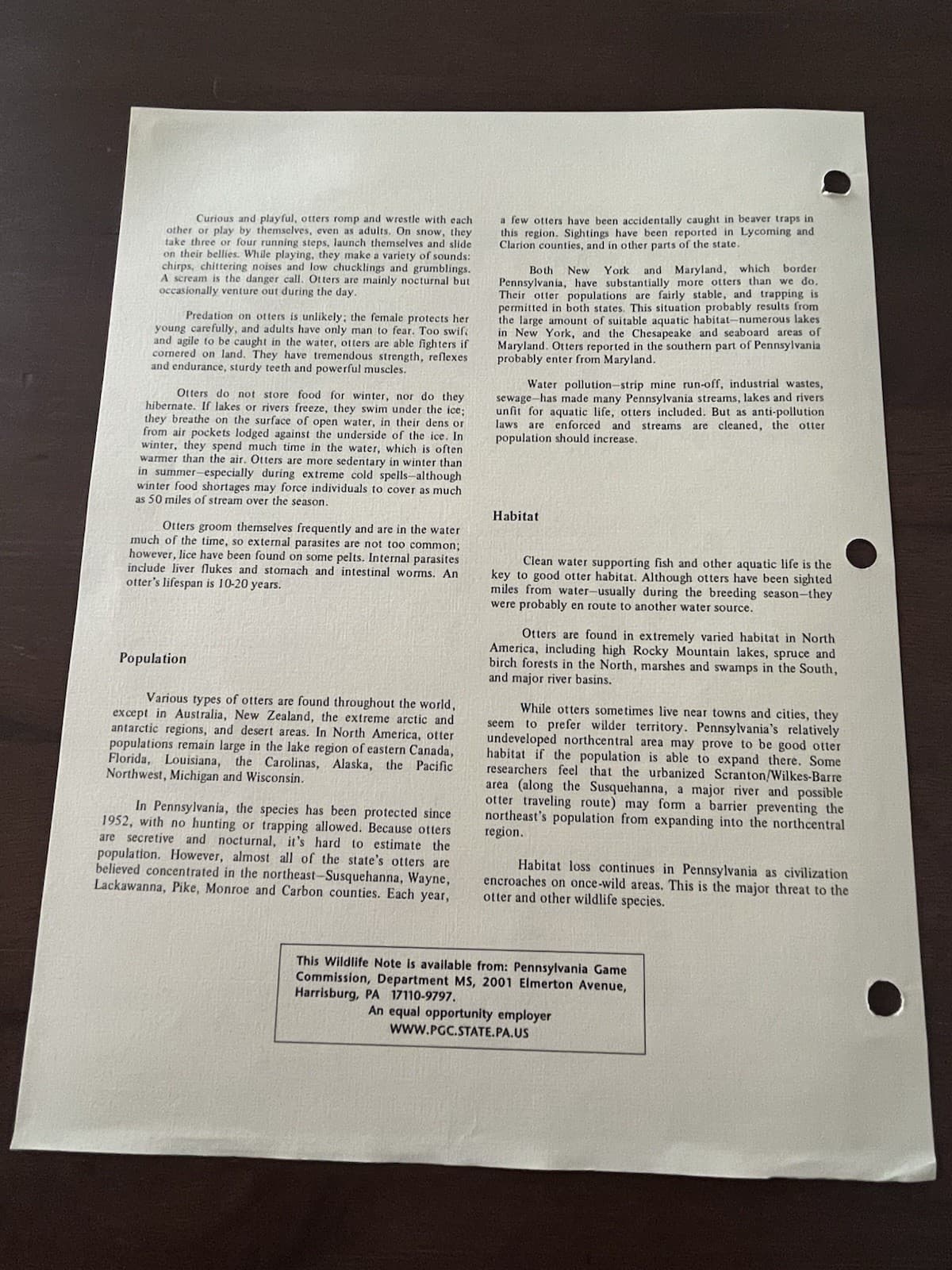 Pennsylvania Game Commission Wildlife Notes “Otter” 3