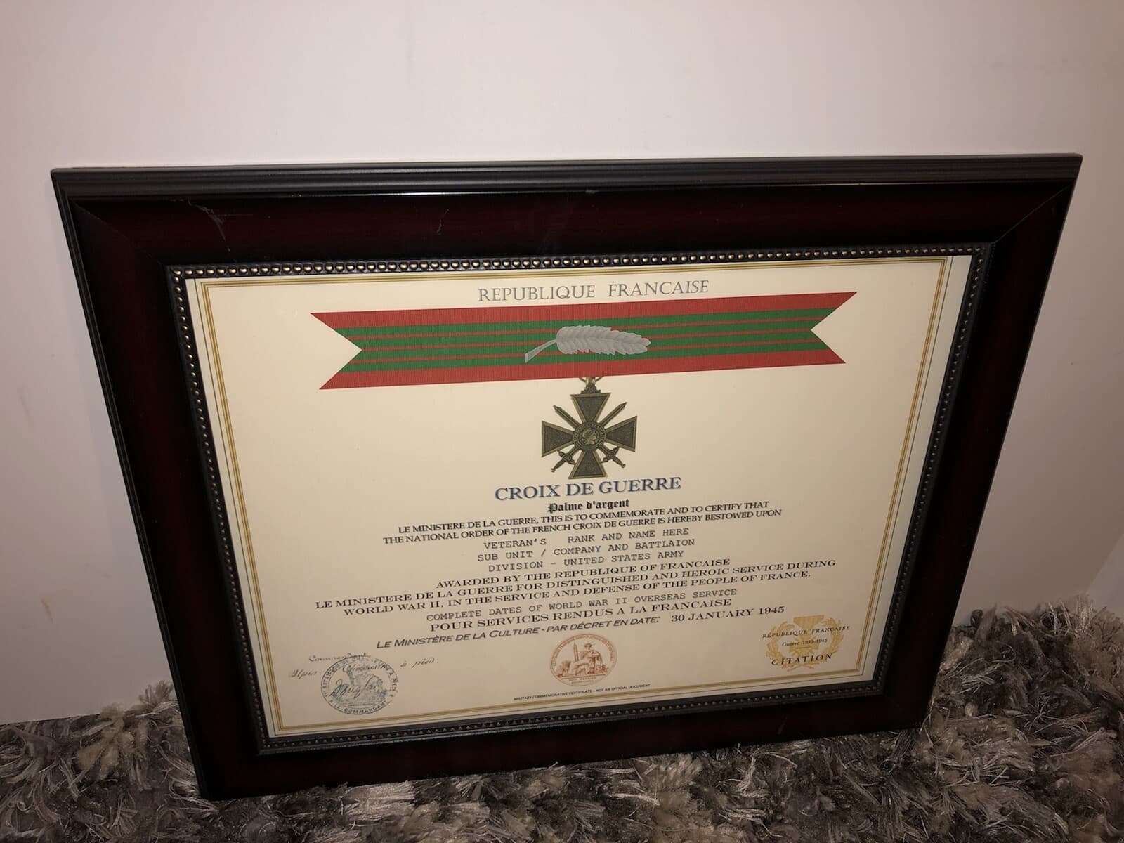 FRENCH CROIX DE GUERRE - w/SILVER PALM / WWII (COMMEMORATIVE CERTIFICATE) 3