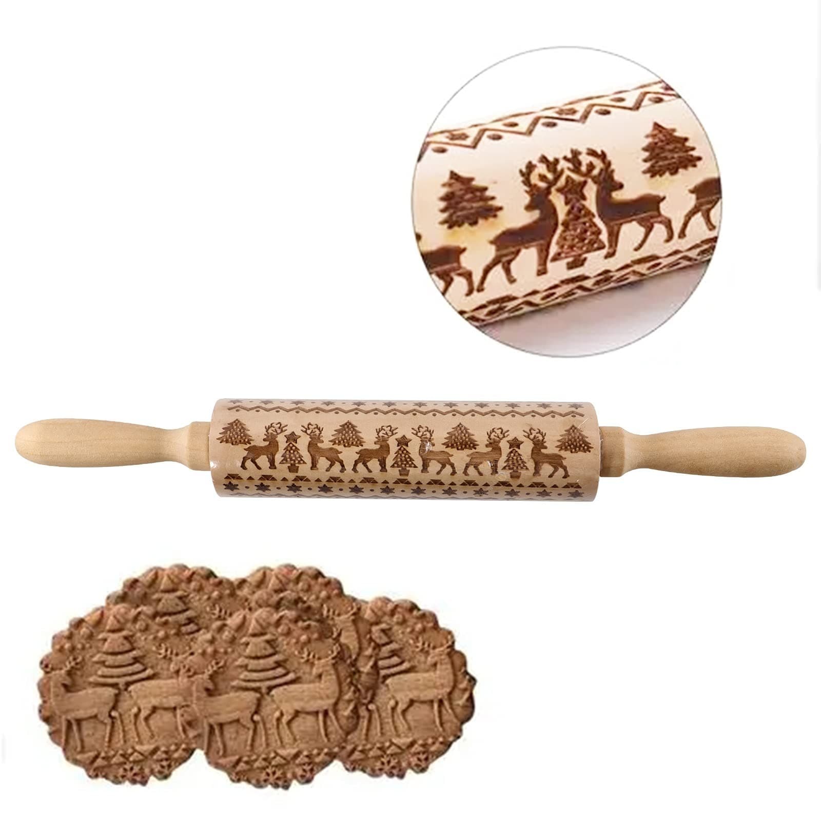 4Pack Christmas Wooden 3D Rolling Pins Embossed, Embossing Rolling Pin 3
