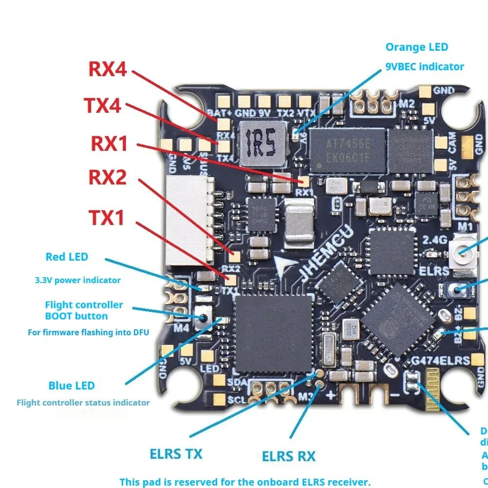 JHEMCU G474ELRS AIO Flight Controller Built-in 2.4G Receiver OSD 8MB 1-2S 4