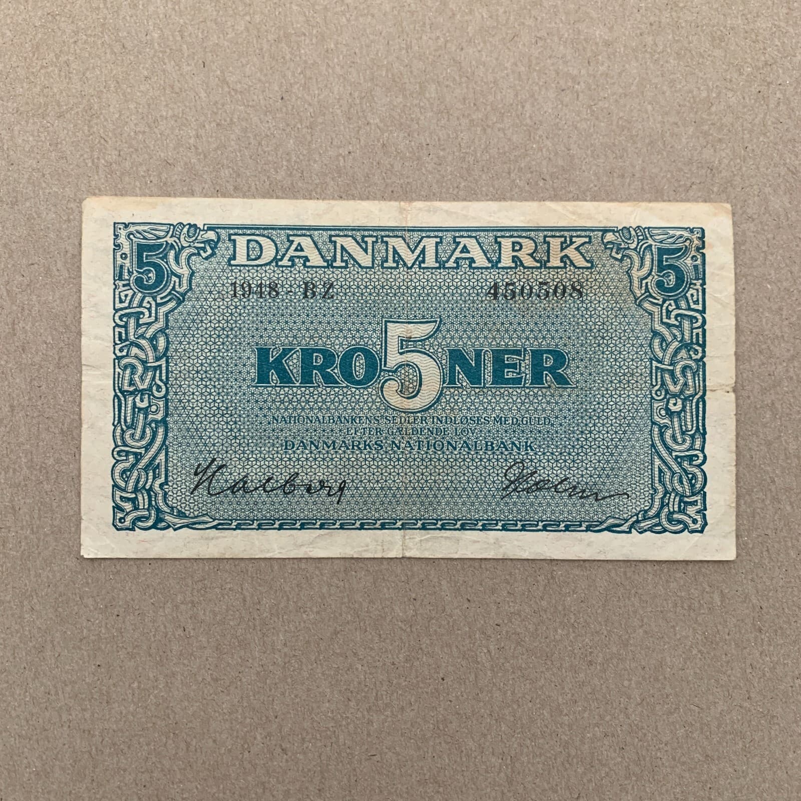 1948 DENMARK 5 Kroner  Banknote P35e Danish Currency Paper Mooney Post WWII WW2