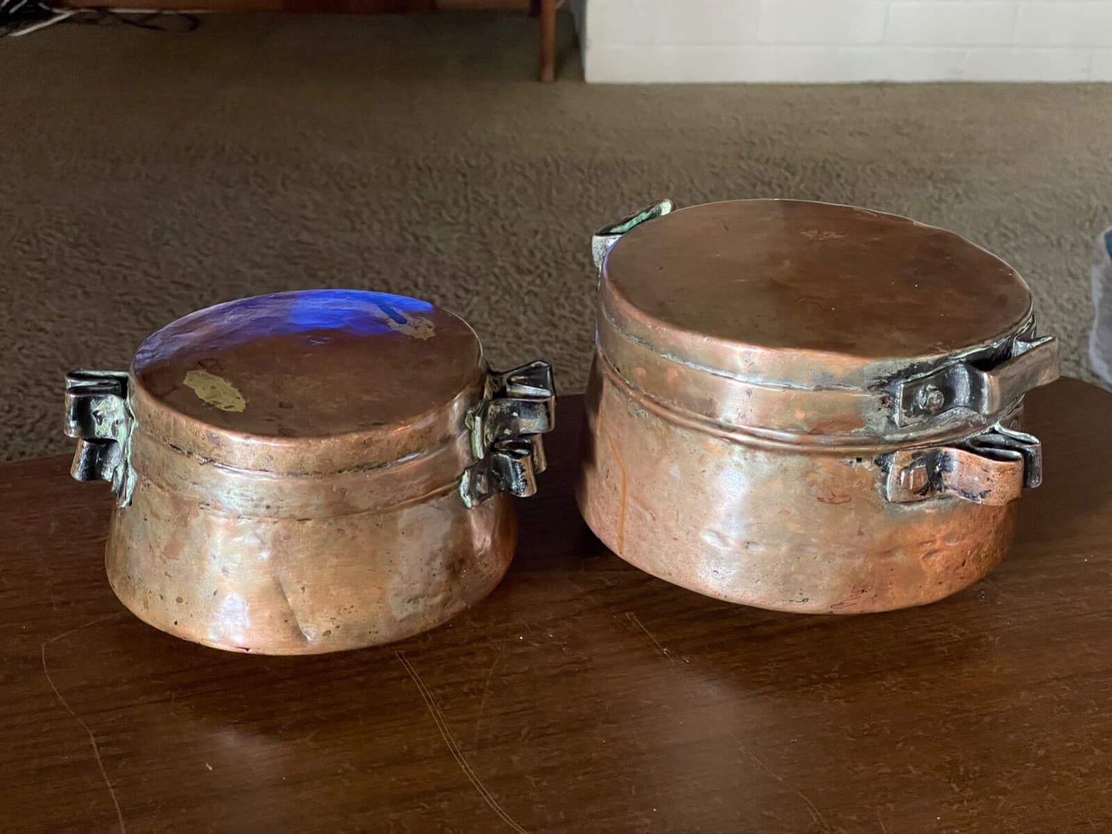 Antique Copper Pots W/lids, Primitive, 19th Century, Tinned Copper Pots (Pair)