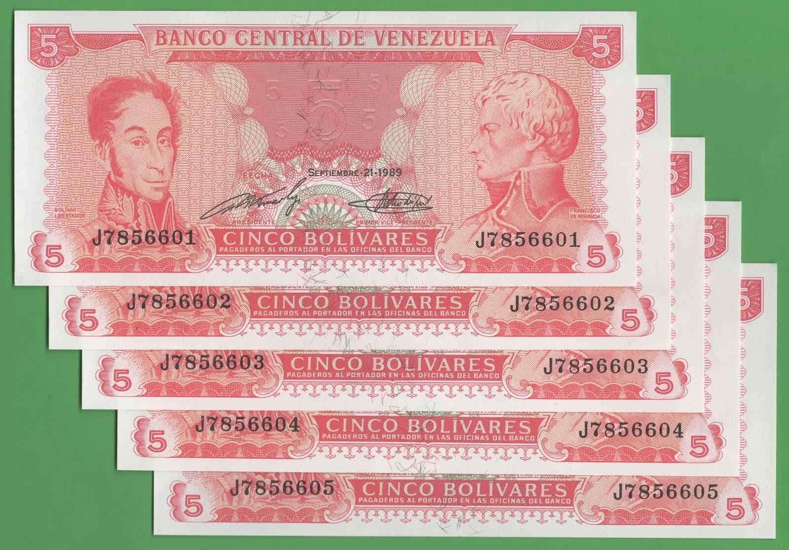 Lot of 5 Venezuela 5 Bolivares 1989 P-70a UNC South America Currency Consecutive