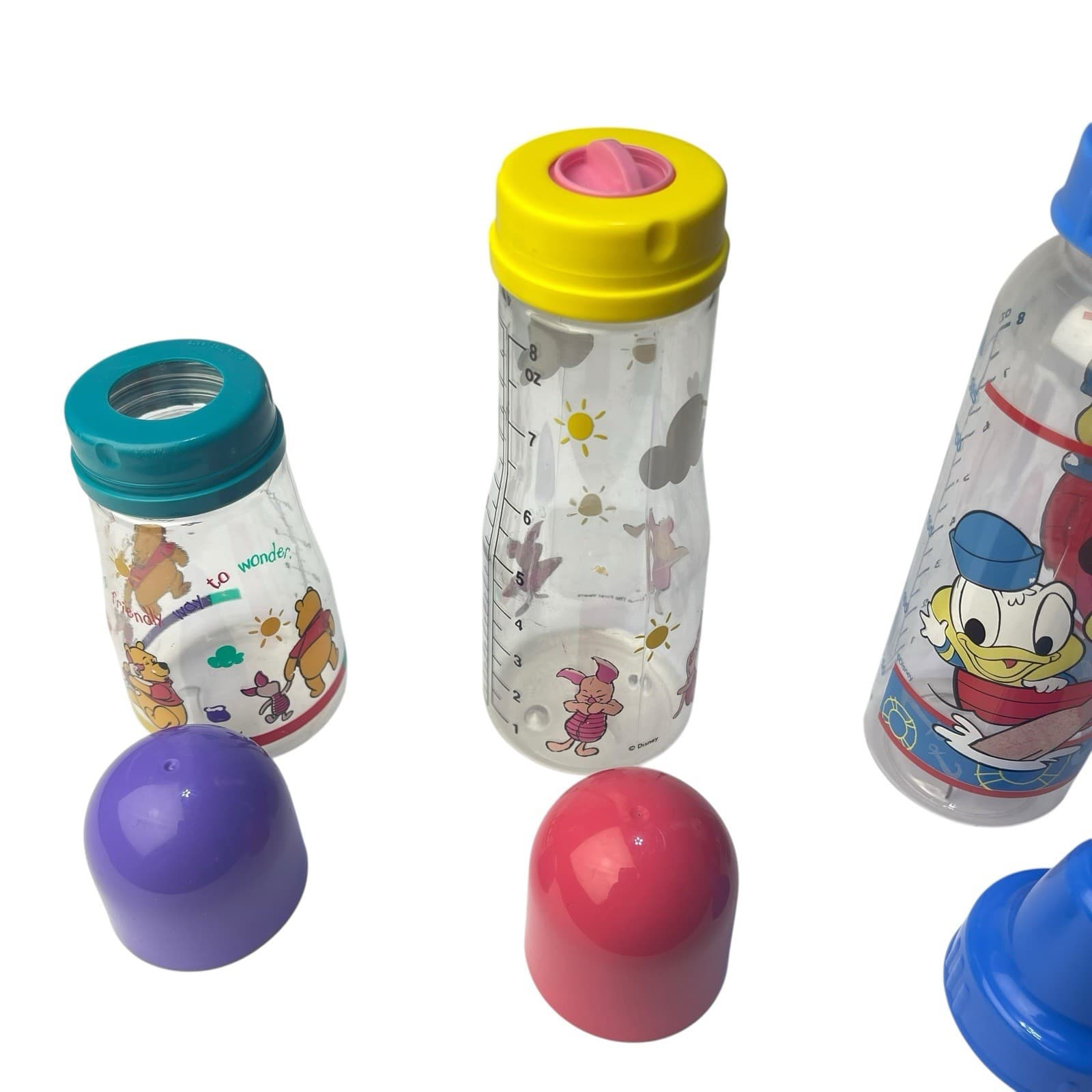 Lot of 3 Vintage Disney Winnie The Pooh Mickey Plastic Baby Bottle 5oz & 8oz 4