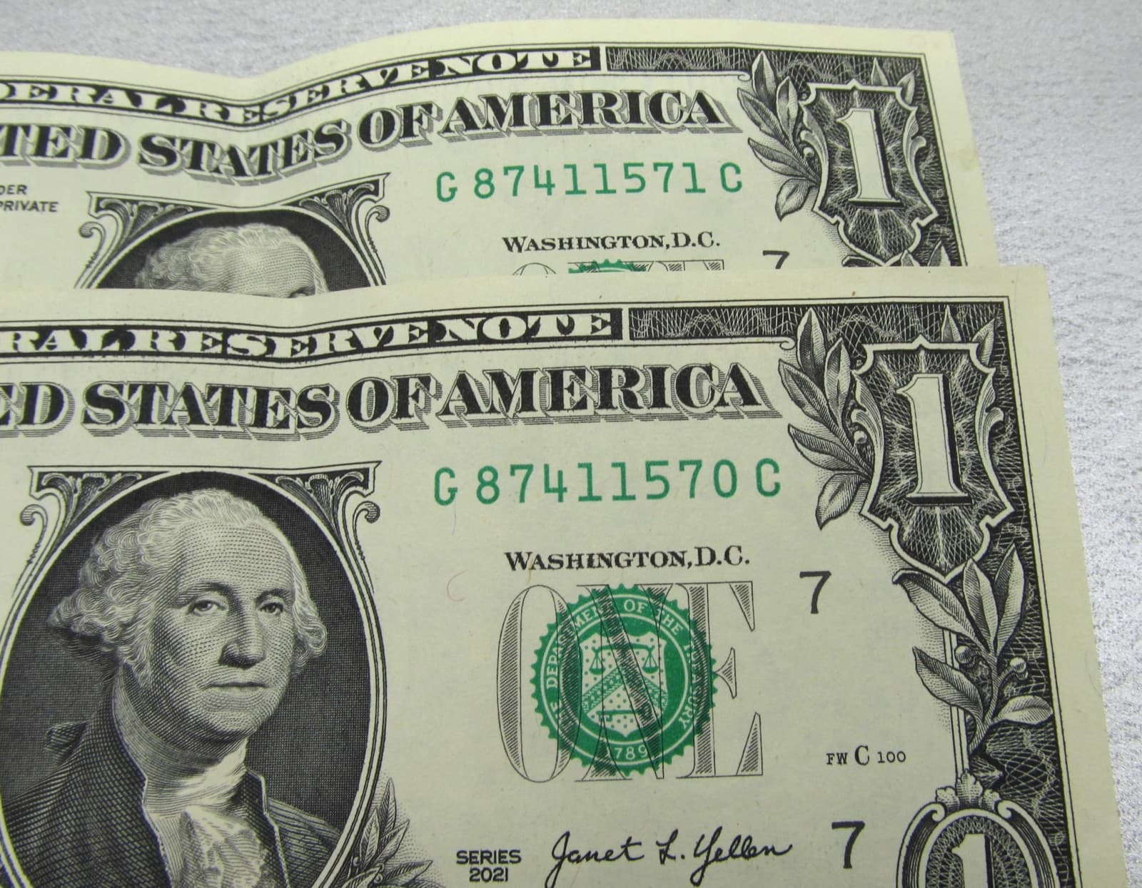 Lot 2 Consecutive Serial Numbers on Single Dollar Bills G 8741170 & G 87411571 4