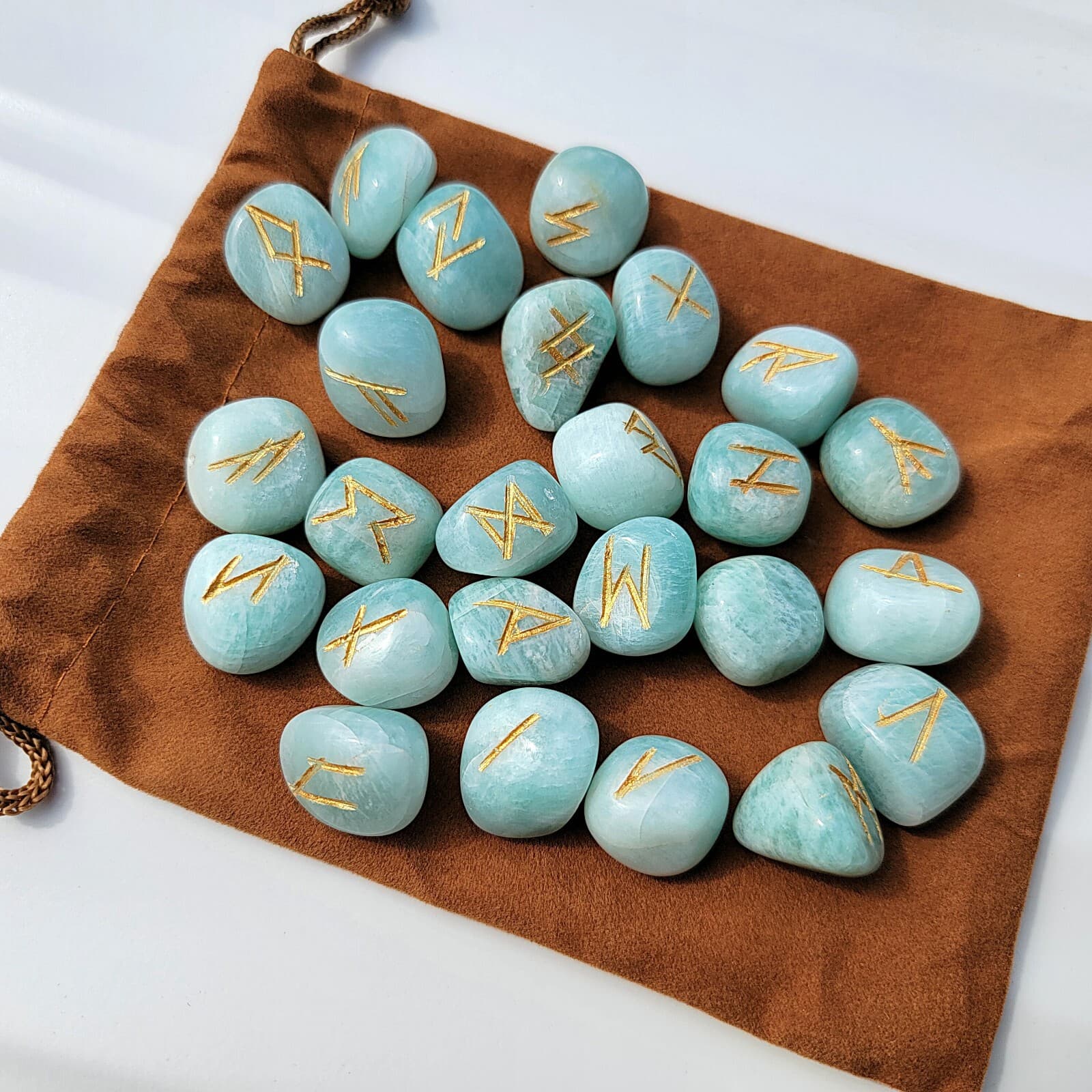 Amazonite Rune Set with Bag, Nature Gemstone, Stone Viking Runes 4