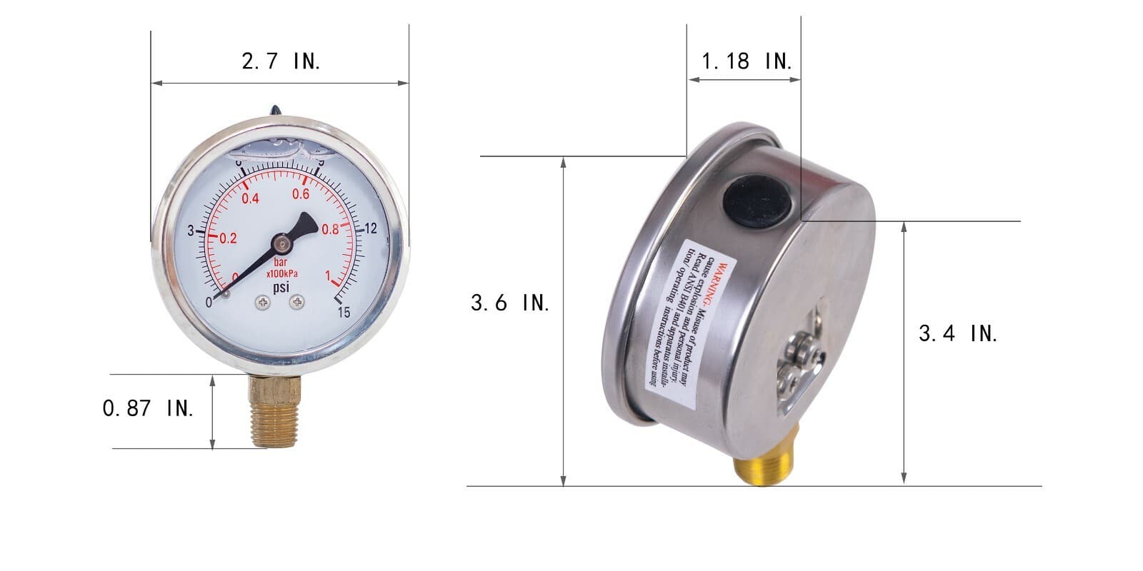 Pressure Gauge,Glycerin Filled,2-1/2" Dia,0-15 PSI, 1/4 NPT Lower Mount 4