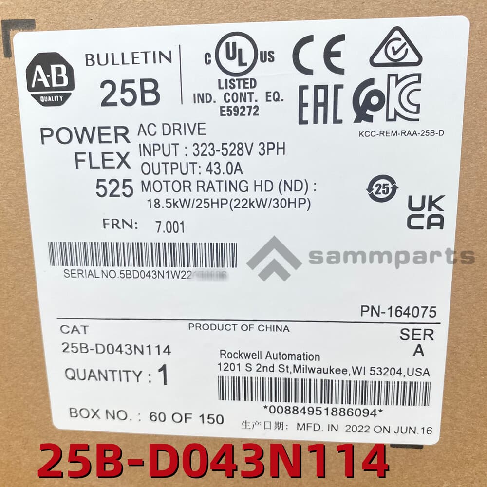 25B-D043N114 Allen-Bradley PowerFlex 525 22kW 30Hp AC Drive 2022 NEW Sealed TX 3