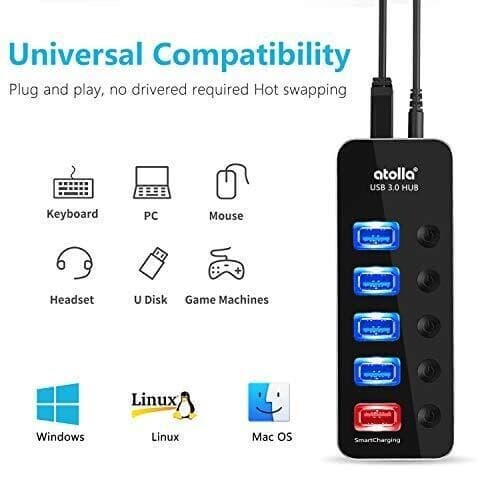 Powered USB Hub, atolla Aluminum 5-Port USB 3.0 Hub with 4 USB 3.0 Data Ports 6