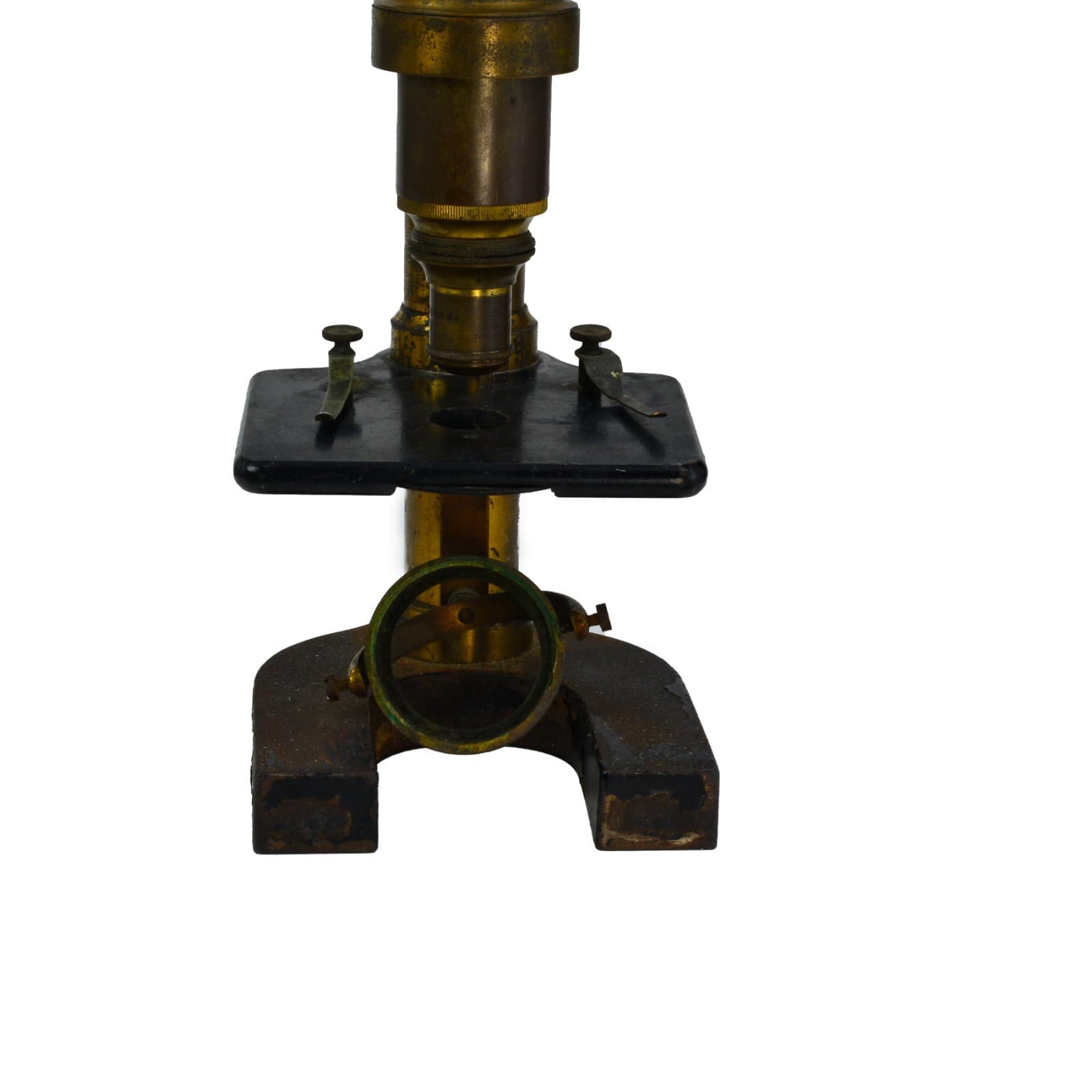 Small antique brass microscope single lens, cast iron base 5