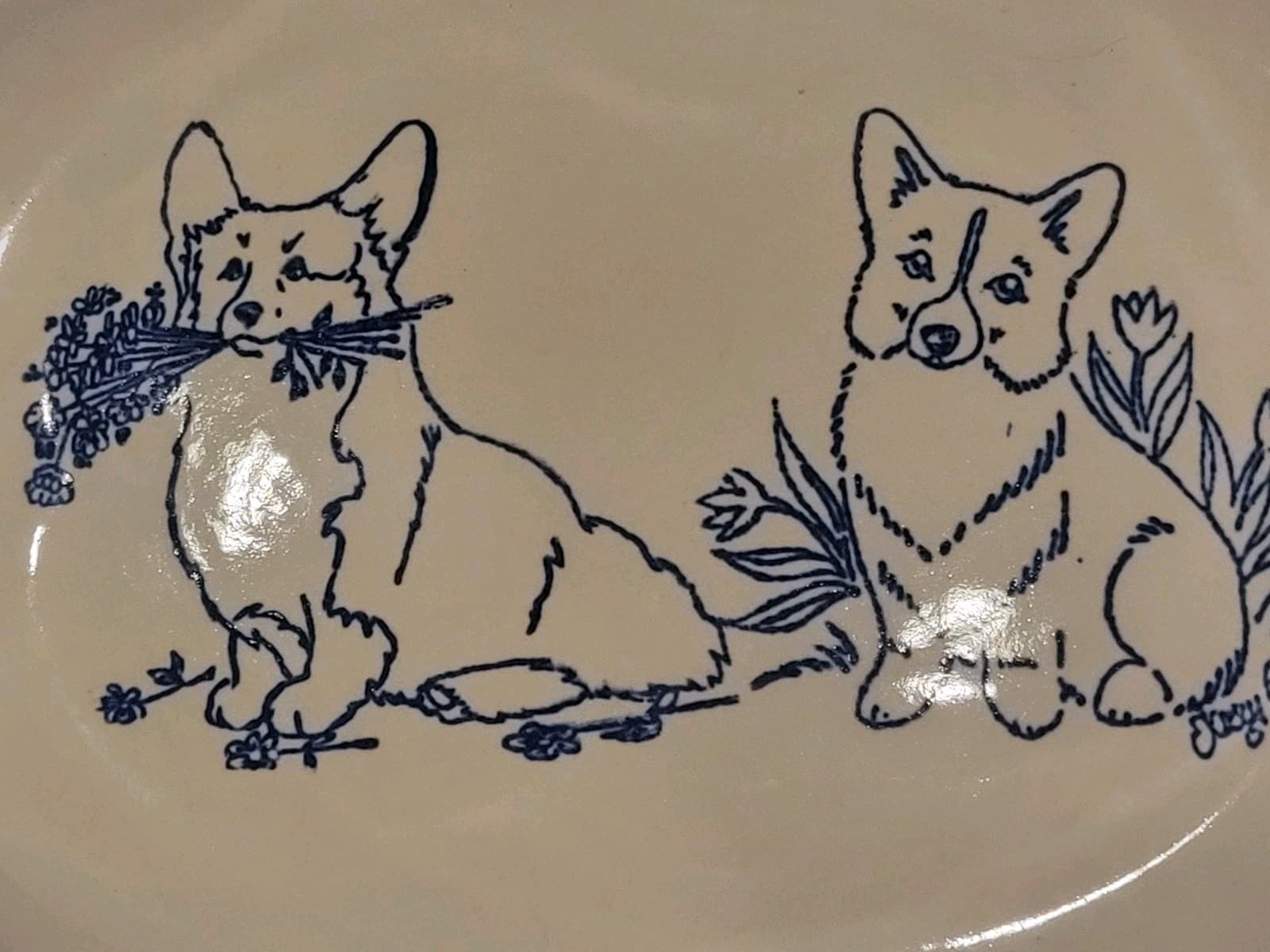 Corgi Louisville Stoneware  Corgi Dogs Signed Tulips Flowers Serving Dish 5