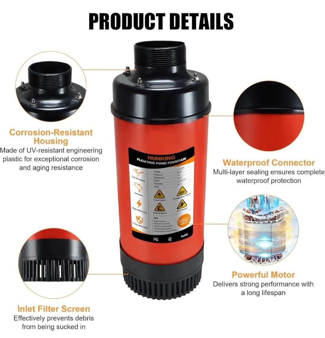 Pond Fountain Aerator 750W 1HP 15000 GPH Floating Aerating Pump 100Ft Power Cord 6