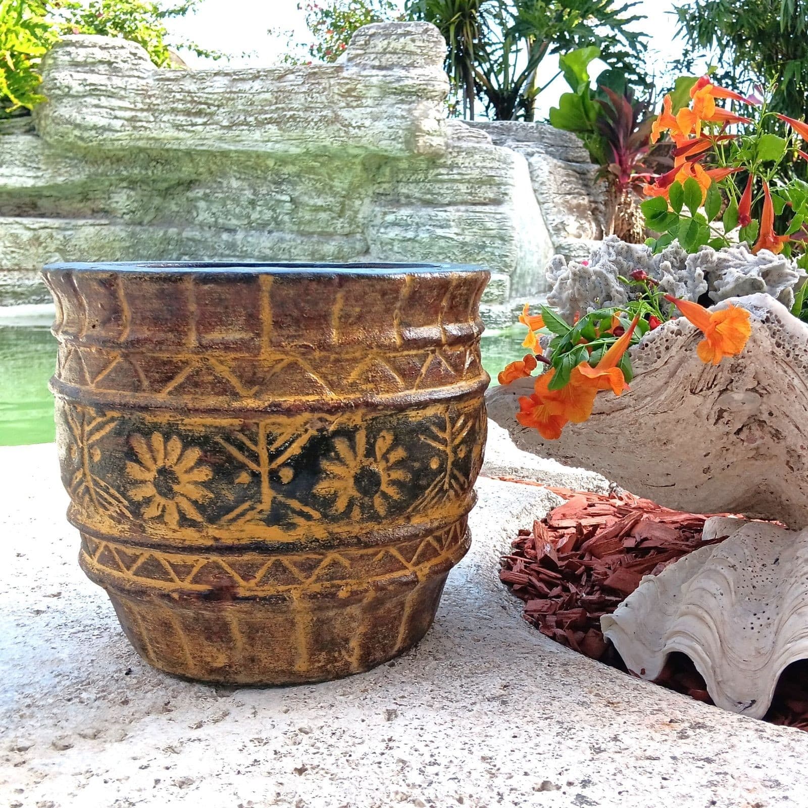 Rustic Clay Pottery Planter Mexican Flower Pot Natural Brown Ochre Black 11in 3