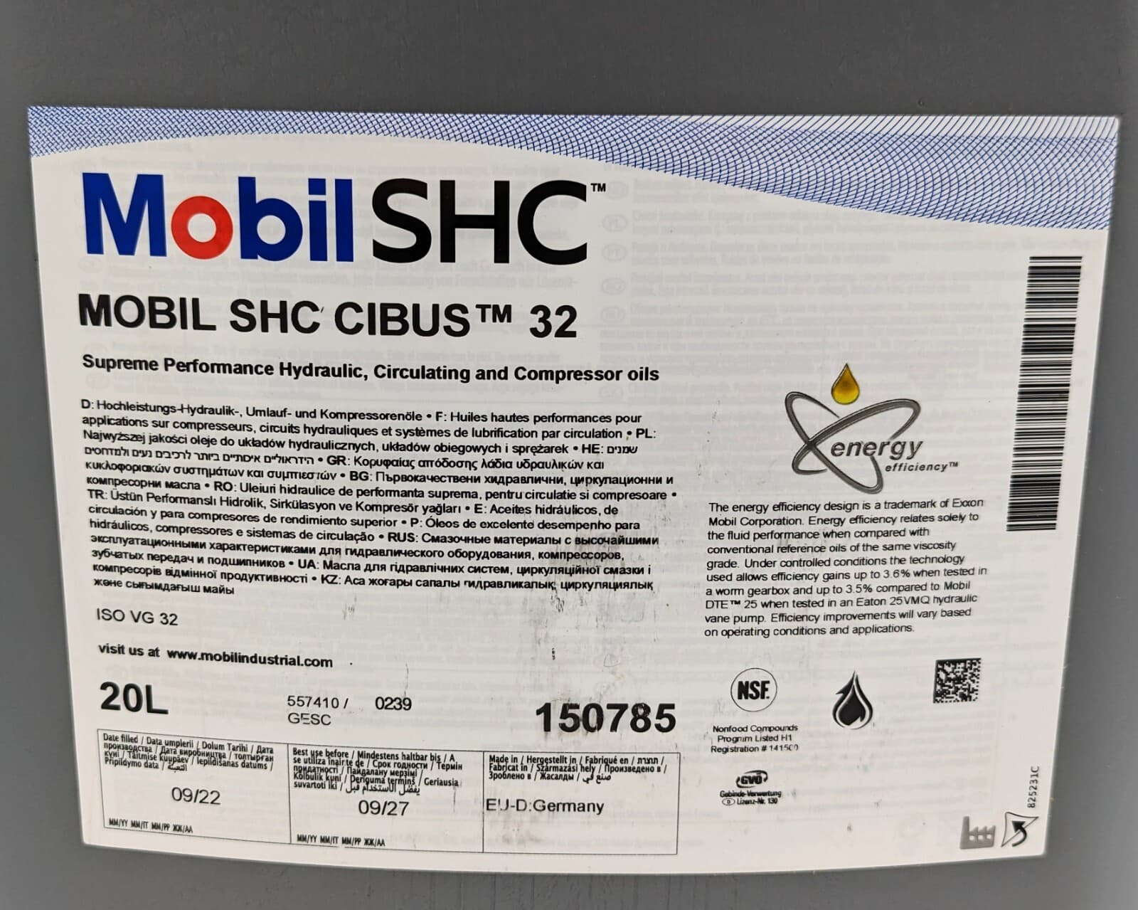 Mobil 104093 SHC Cibus 32 NSF H1 Hydraulic Oil, 5 Gal., 32 ISO Viscosity, 10 SAE 3