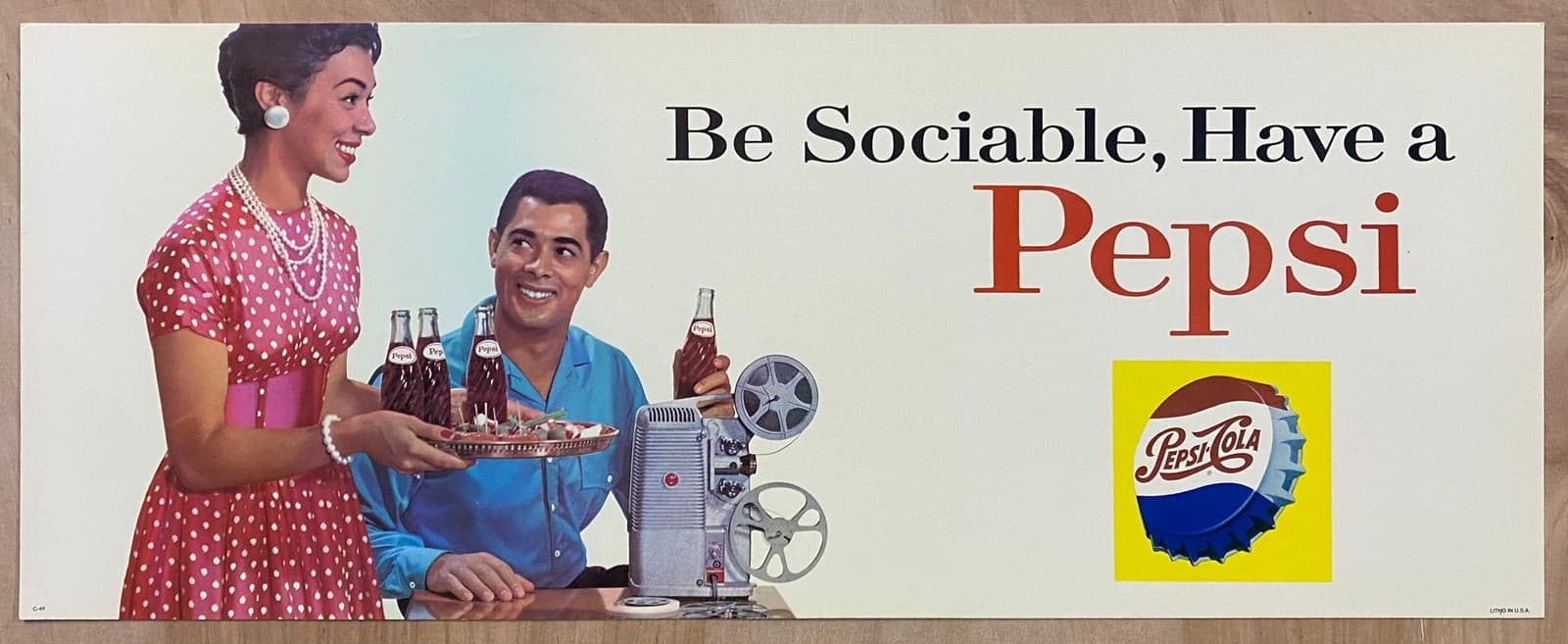 c.1960 Be Sociable Have Pepsi African Americans Streetcar Sign Vintage Original