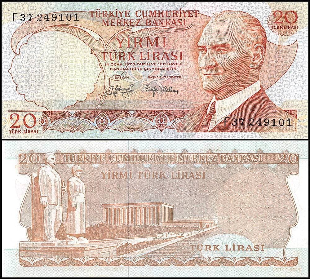 Turkey 20 Lira, L.1970 (1974 ND), P-187a.2, UNC Prefix F