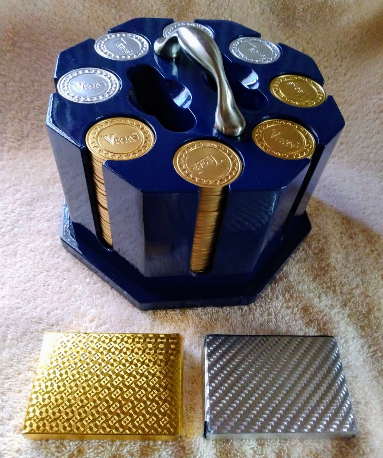 Navy Blue Octagon Poker Set With Gold And Silver Vegas Chips 4