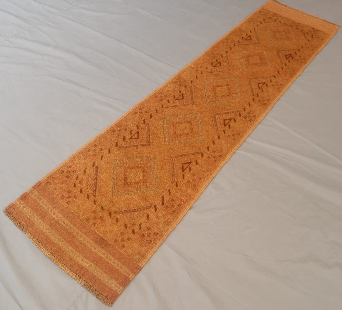 1.9 x 8.2 ft Warm Earth-Tone Afghan Wool Runner –Tribal Geometric Design Diamond 3