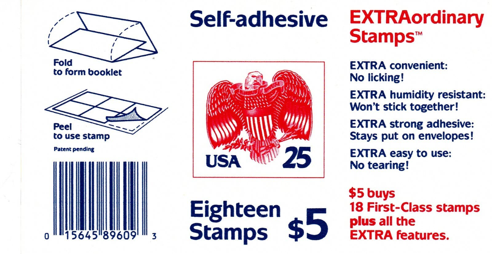 ONE U.S. BOOKLET PANE OF 18 SCOTT#2431a 1989 25ct EAGLE & SHIELD MNH P#A1111 3