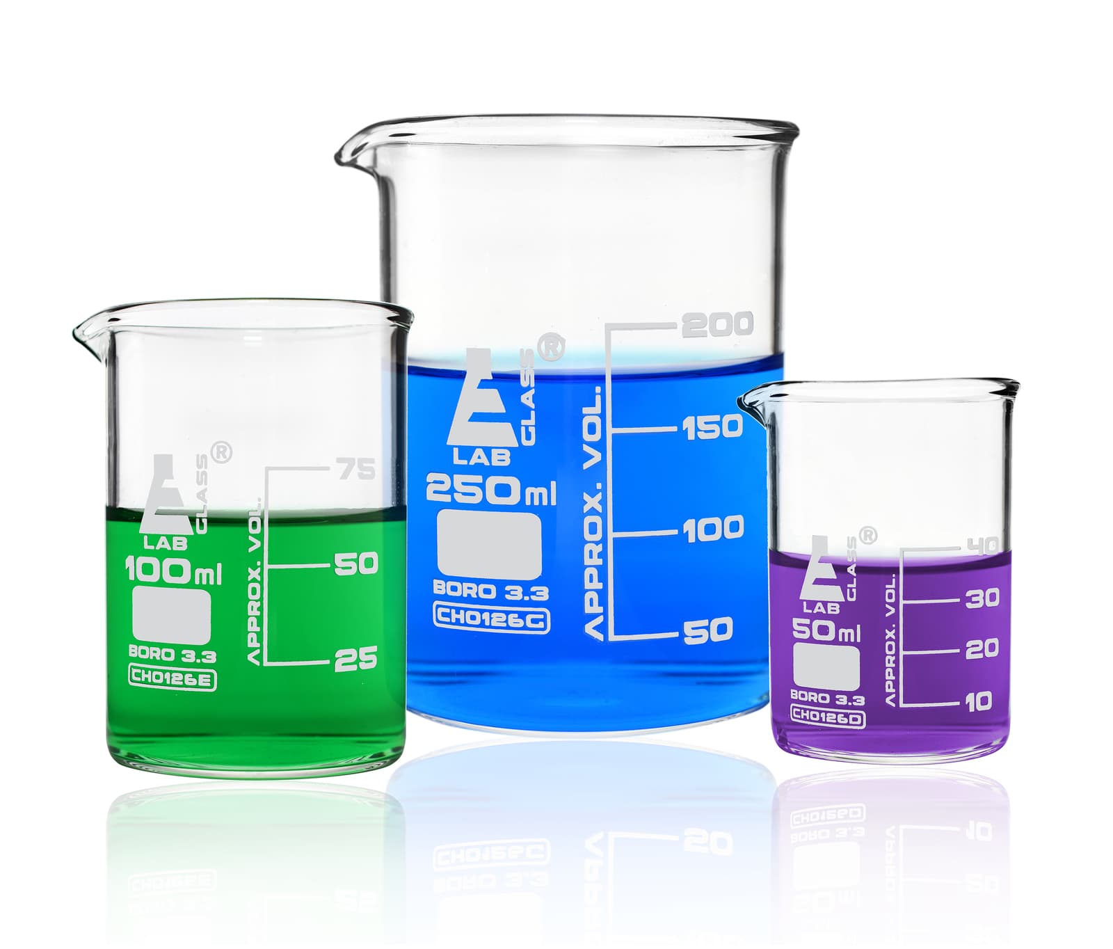 Glass Beaker Set, 50/100/250mL - Low Form - Packed in Foam Insert - Eisco Labs 2