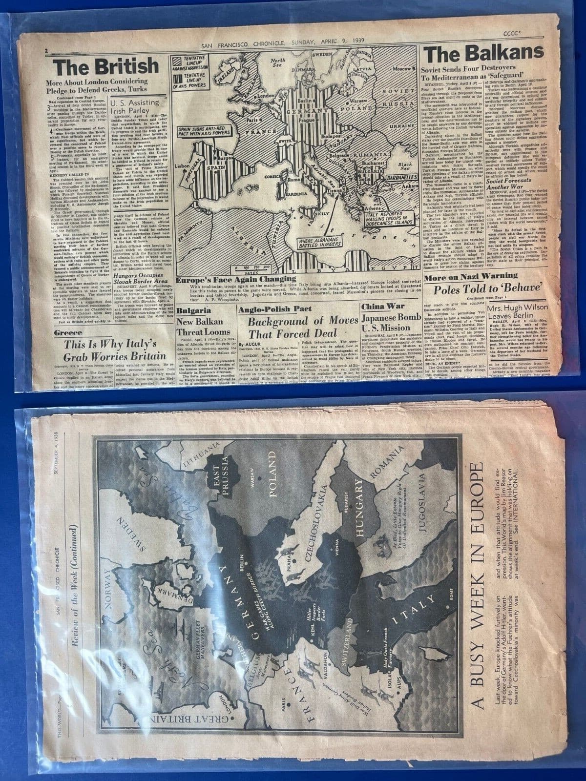 Two Pre-WW2 WWII 1938 1939 Newspapers MAPS OF EUROPE Max Factor, Diego Rivera 2