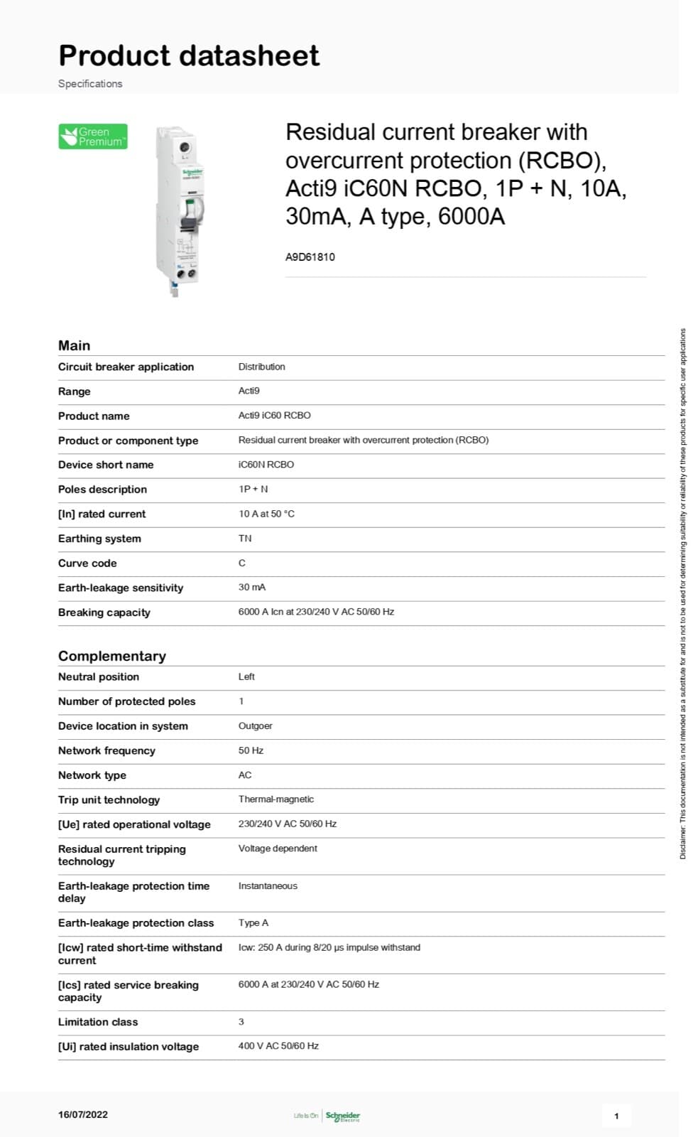 Schneider Electric RCBO 10A C 30mA A 230V 1PPNS / A9D61810 2