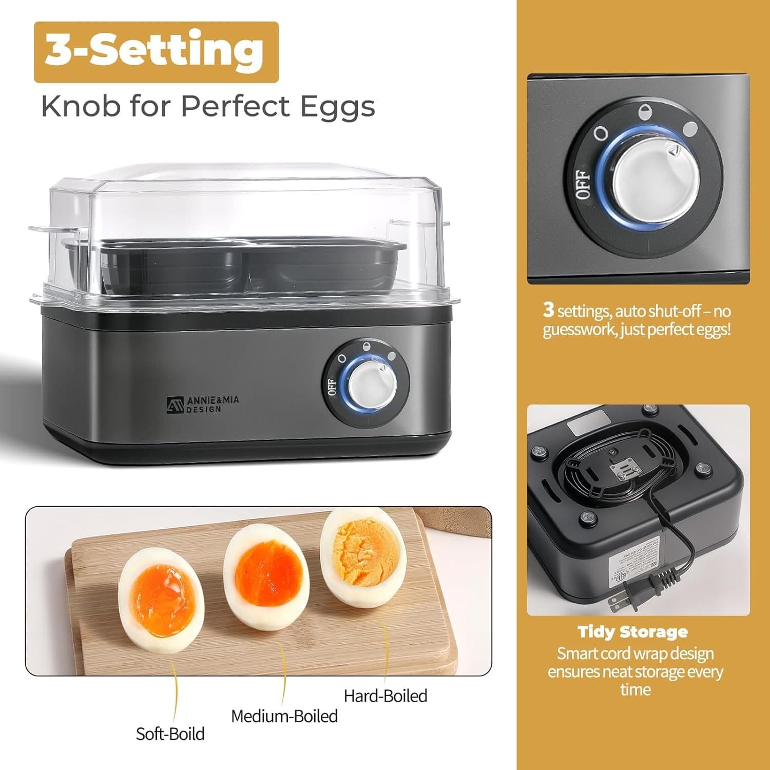 Electric Egg Cooker, Stainless Steel 8 Egg Capacity egg boiler, 500W,Hard,Medium 2