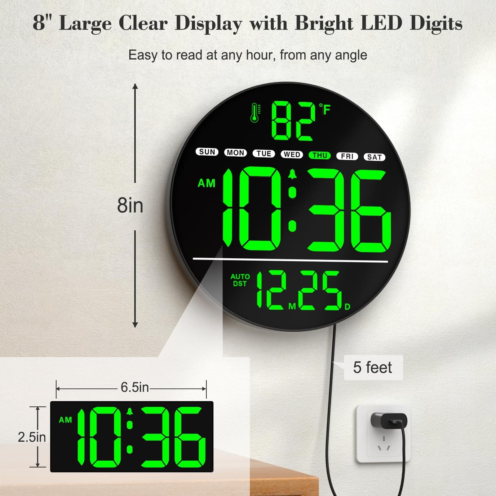 Large Digital Wall Clock with LED Display, Electric Wall Clock with Temperatu... 2