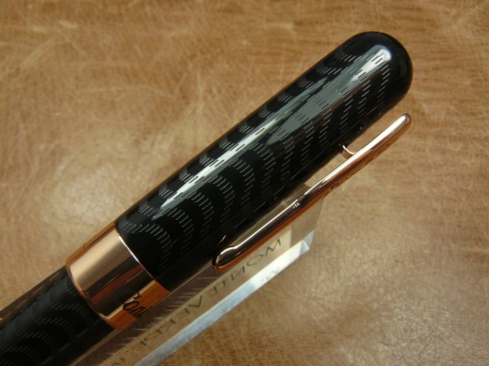 CONKLIN MARK TWAIN CRESCENT FOUNTAIN PEN BLACK CHASED /GOLD TRIM  EX FINE NIB 4