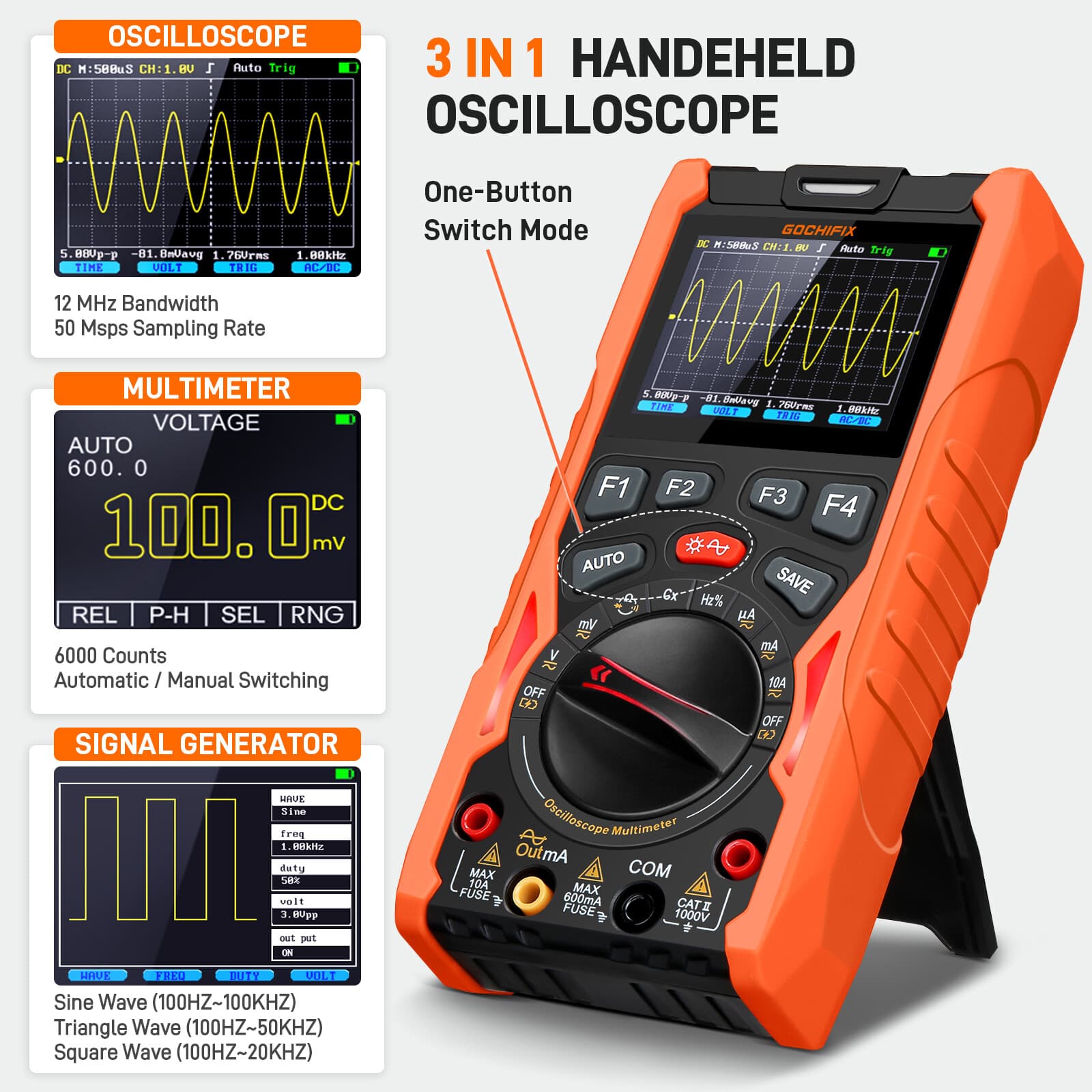 3 in1 12MHz Bandwidth 50MSa/s Handheld Oscilloscope Multimeter Waveform Generaor 4