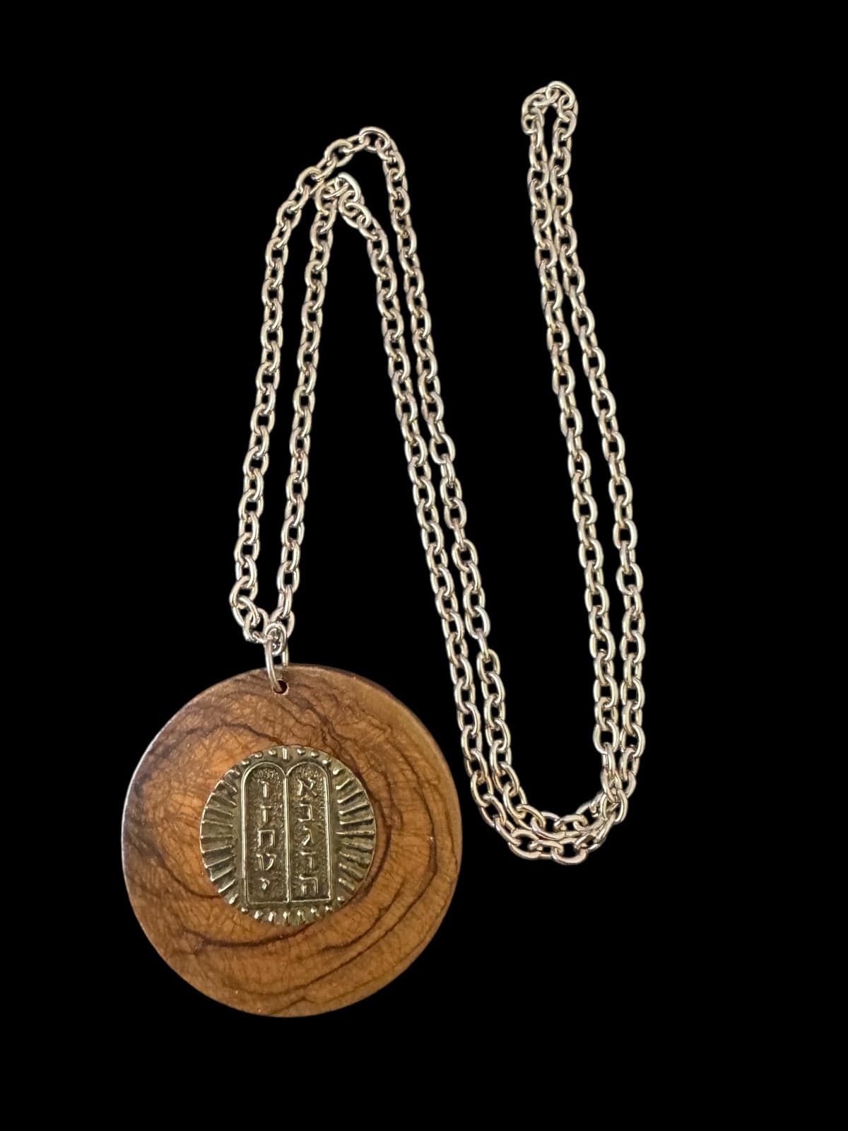 Ten Commandments Jewish Hebrew Religious Pendant Necklace Medallion On Wood J1
