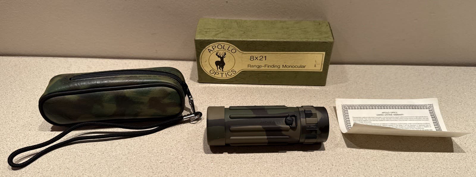 8x21 Range-Finding Monocular by Apollo Optics.  Camo w/ Carrying Case.  NEW