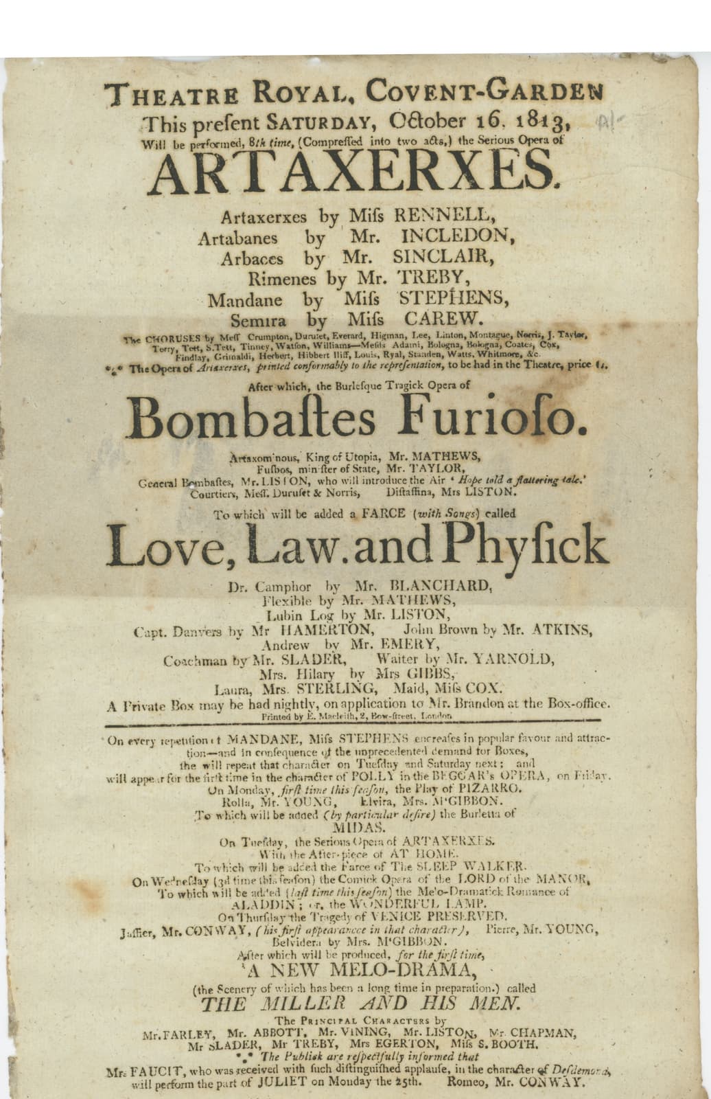 (Thomas Augustine ARNE): Original 1813 Broadside for Performance of "Artaxerxes"