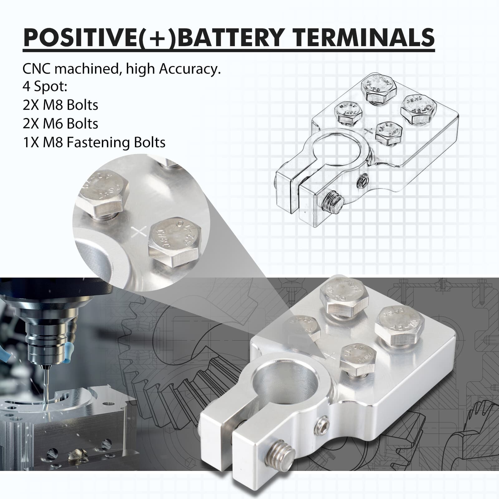 For SAE 4 Spot Flat Battery Terminal Car Audio Top Post 4/0 AWG Lugs + Bolts 3