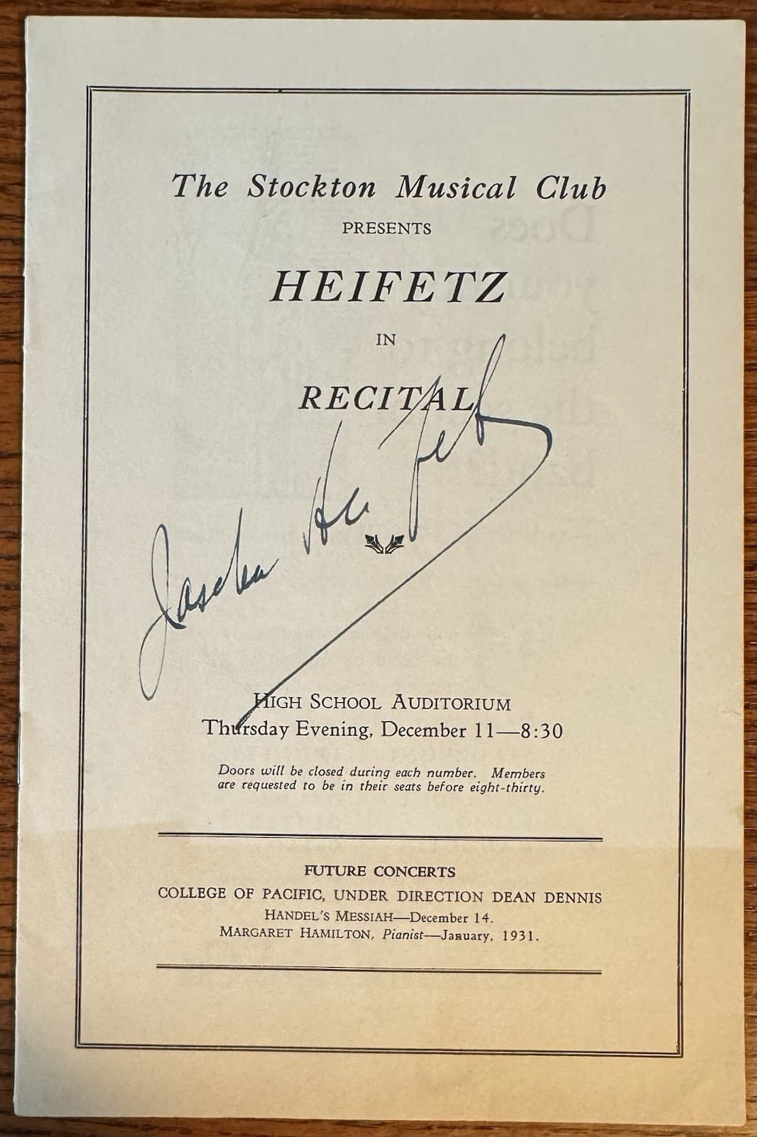 Jascha Heifetz Autographed Program, violinist, Stockton California 2
