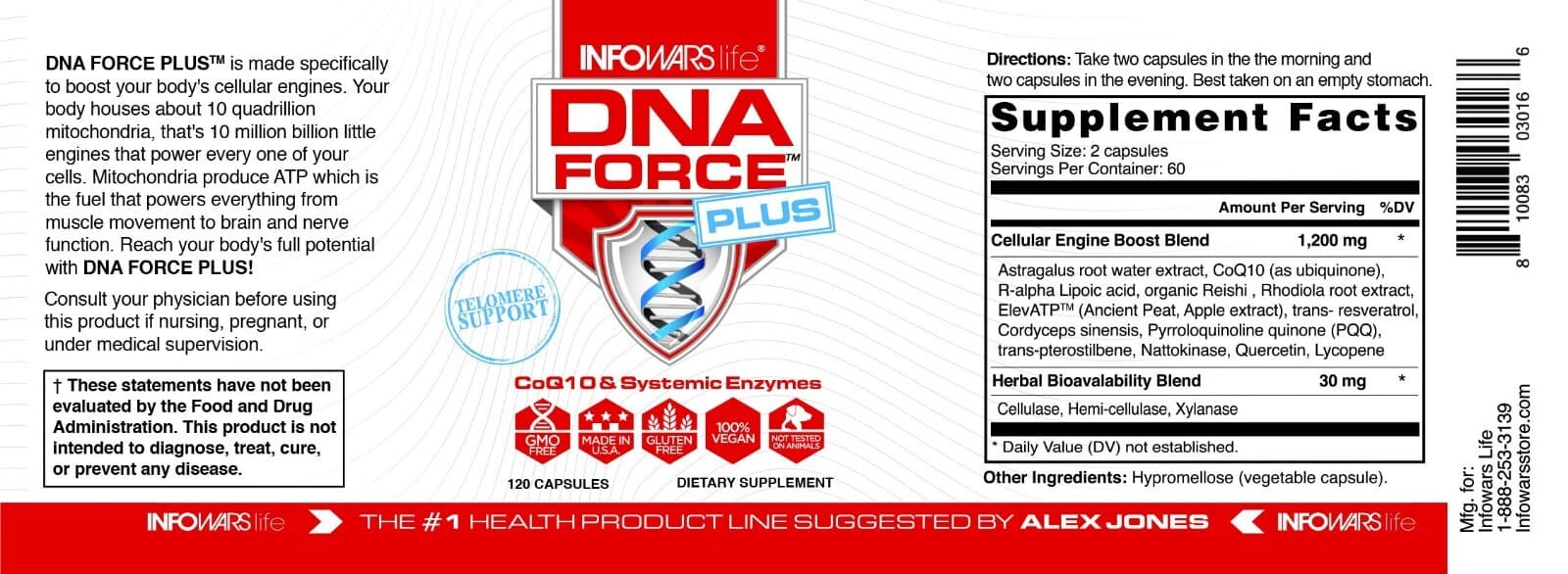 FREE shipping! Alex Jones INFOWARS  D.N.A. Force PLUS. 120 caps, CoQ10 enzymes. 2