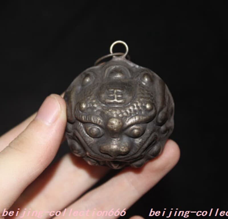 China bronze ward off evil spirits Fu Foo Dog Lion beast head Evil spirits Bells 5