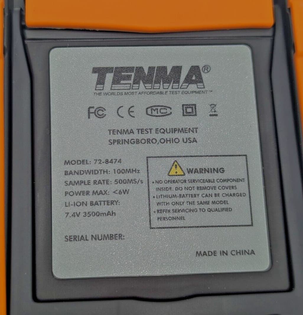 TENMA 72-8474 Oscilloscope, 0+2 Channel, 100 MHz, 500 MSPS, 6 kpts, 3.5 ns 3
