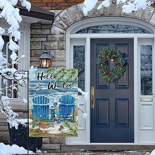  Hello Winter Blue Sea Chairs Garden Flag Double Sided, Beach Ocean Pine 12x18 6