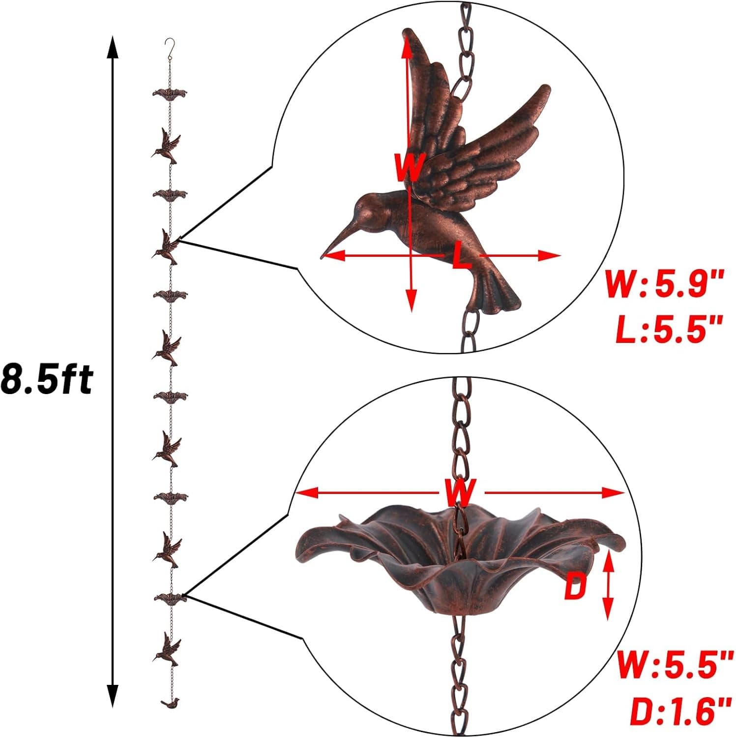 8.5FT Hummingbird Rain Chain,Rain Chains for Outside,Rainwater Catcher Chains, O 2