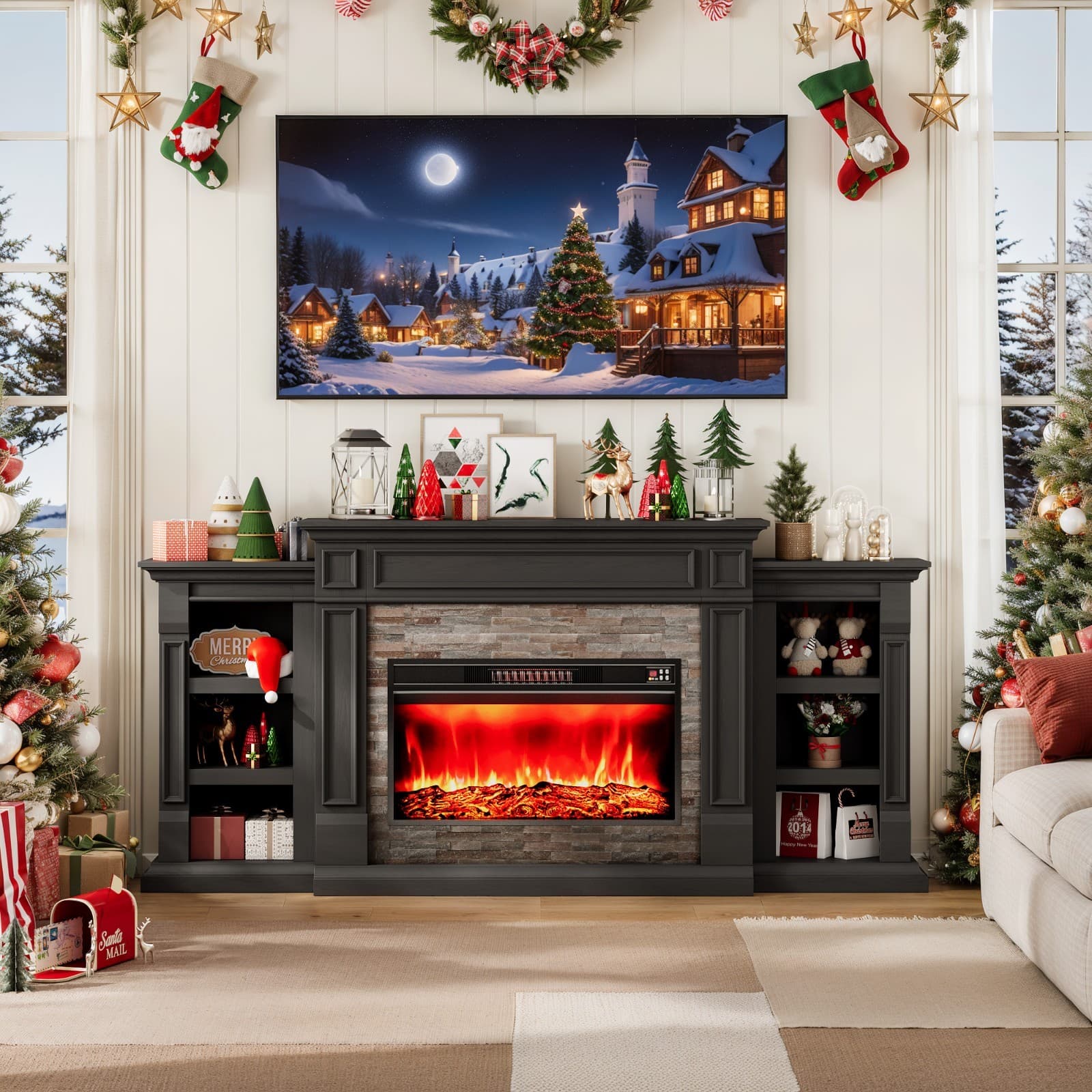 80" Electric Fireplace with Mantel, Freestanding Fireplace Heater TV Stand 1400W