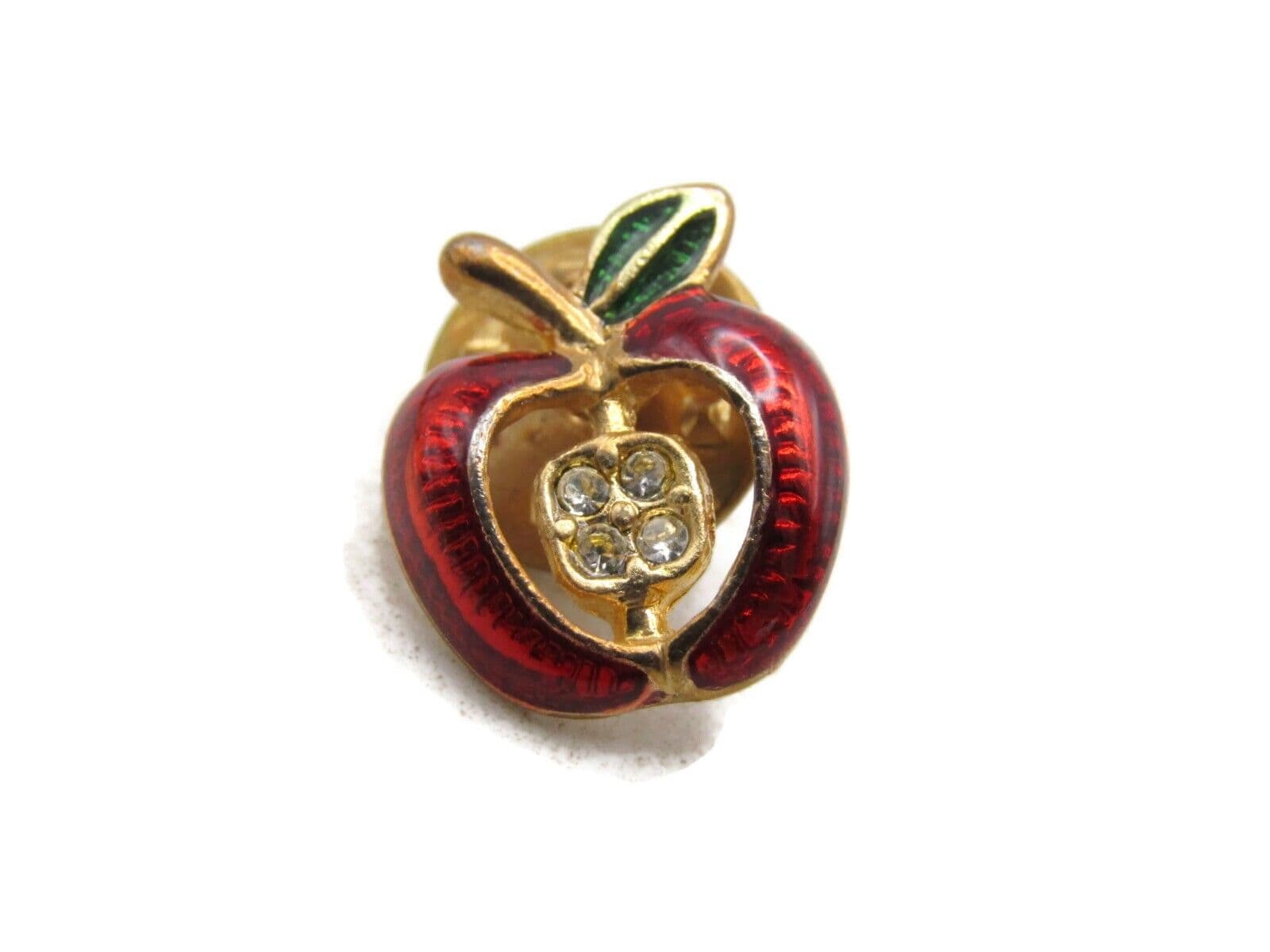 Rhinestone Inlay Red Apple Pin Gold Tone
